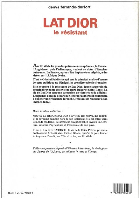 Verso de l'album Mémoire africaine Tome 3 Lat Dior, le résistant