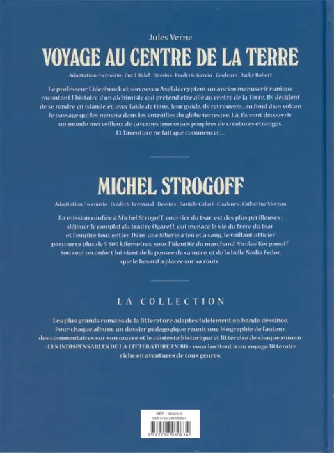 Verso de l'album Les Indispensables de la Littérature en BD Voyage au centre de la Terre / Michel Strogoff