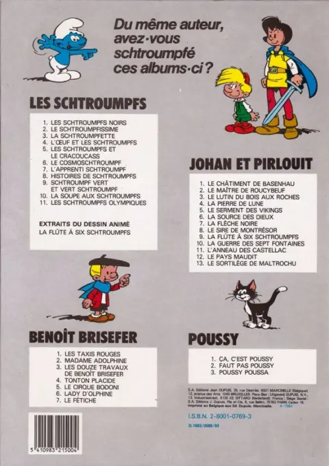 Verso de l'album Les Schtroumpfs Tome 11 Les schtroumpfs olympiques