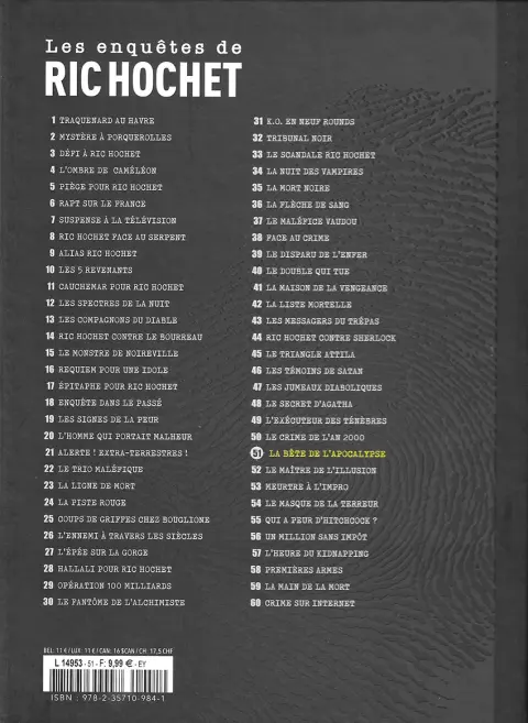 Verso de l'album Les enquêtes de Ric Hochet Tome 51 La bête de l'apocalypse