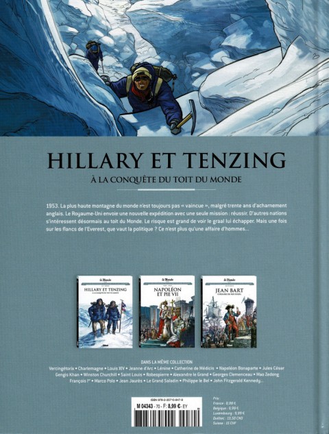 Verso de l'album Les grands personnages de l'Histoire en bandes dessinées Tome 70 Hillary et Tenzing