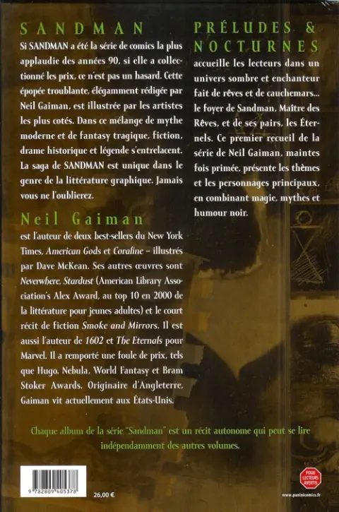 Verso de l'album Sandman Tome 1 Préludes & nocturnes