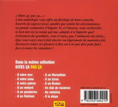 Verso de l'album Dites ça, pas ça ! Aux accros du régime pour éviter tout malentendu !