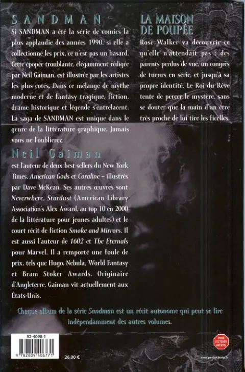 Verso de l'album Sandman Tome 2 La maison de poupée