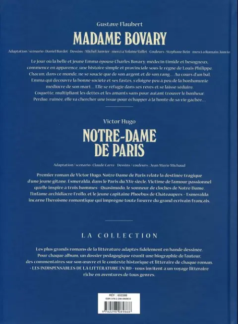 Verso de l'album Les Indispensables de la Littérature en BD Madame Bovary / Notre-Dame de Paris