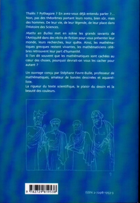 Verso de l'album Maths en bulles Tome 1 Thalès, Pythagore, Euclide, Archimède