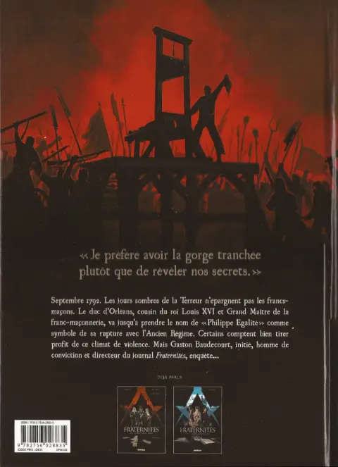 Verso de l'album Fraternités Tome 1 1792, l'ordre guillotiné