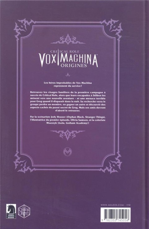 Verso de l'album Critical Role Vox Machina : Origines Volume II