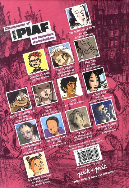 Verso de l'album Chansons en Bandes Dessinées Chansons d'Edith Piaf en bandes dessinées