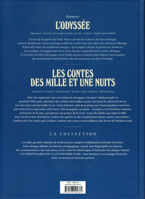 Verso de l'album Les Indispensables de la Littérature en BD L'Odyssée / Les Contes des mille et une nuits