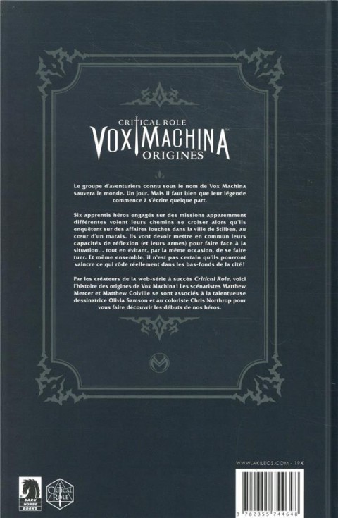 Verso de l'album Critical Role Vox Machina : Origines Volume I