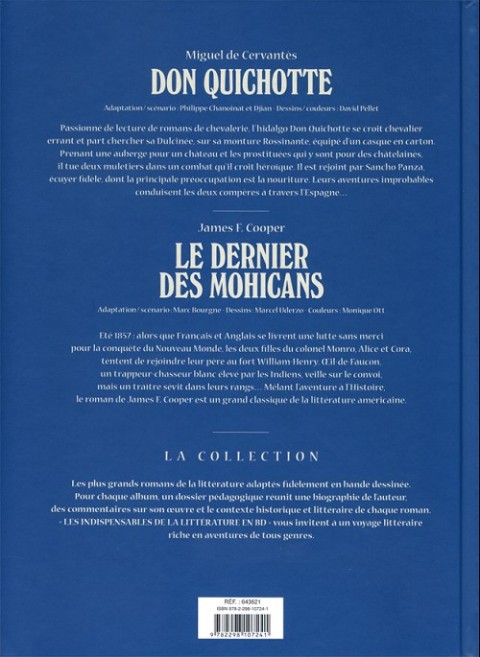 Verso de l'album Les Indispensables de la Littérature en BD Don Quichotte / Le Dernier des Mohicans