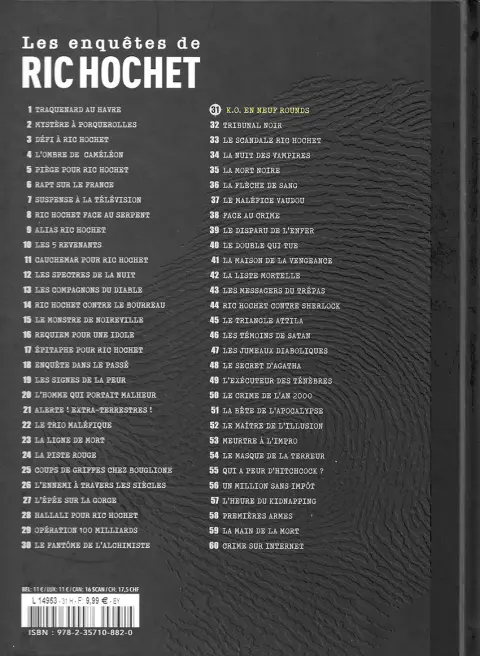 Verso de l'album Les enquêtes de Ric Hochet Tome 31 K.O. en 9 rounds