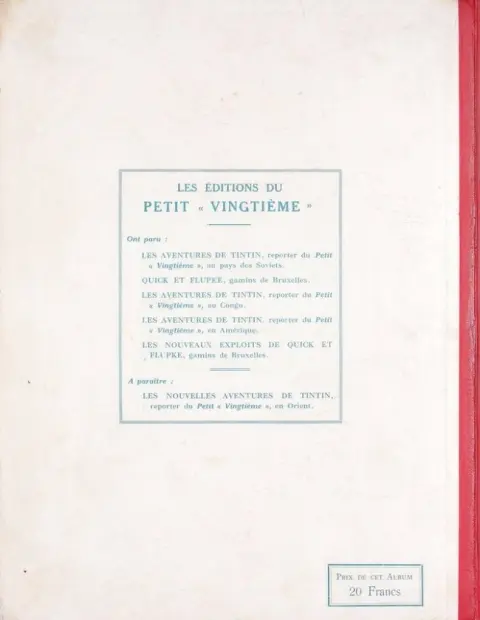 Verso de l'album Tintin Tome 3 Tintin en Amérique
