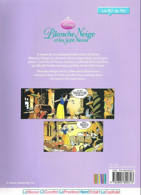 Verso de l'album Disney (La BD du film) Tome 5 Blanche Neige et les sept nains