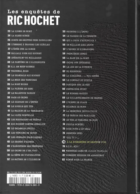 Verso de l'album Les enquêtes de Ric Hochet Tome 78 A la poursuite du griffon d'or