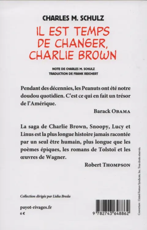 Verso de l'album Peanuts Tome 4 Il est temps de changer, Charlie Brown