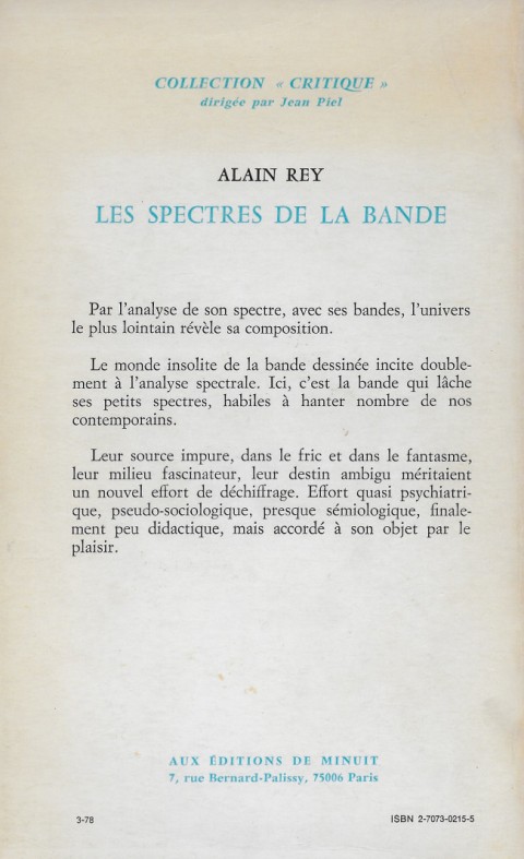 Verso de l'album Les Spectres de la bande dessinée. Essai sur la B.D.