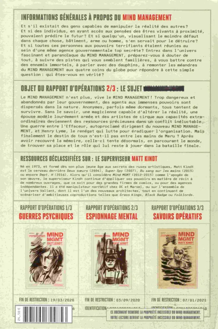 Verso de l'album Mind MGMT Rapport d'opérations 2/3 Espionnage mental et son incidence collective