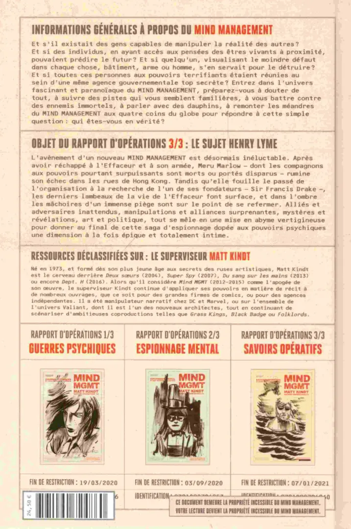 Verso de l'album Mind MGMT Rapport d'opérations 3/3 Savoirs opératifs et leurs impacts sur l'individu