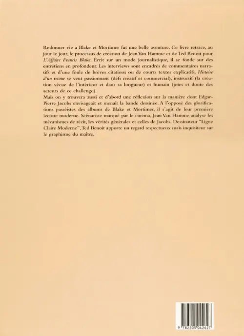 Verso de l'album Blake et Mortimer Tome 13 Blake et Mortimer [histoire d'un retour] - Entretiens avec Jean Van Hamme et Ted Benoit