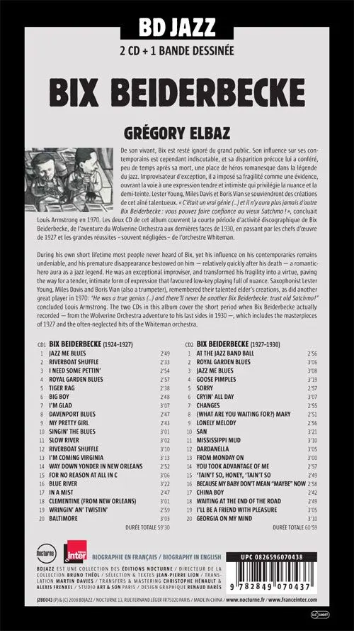 Verso de l'album BD Jazz Bix Beiderbecke