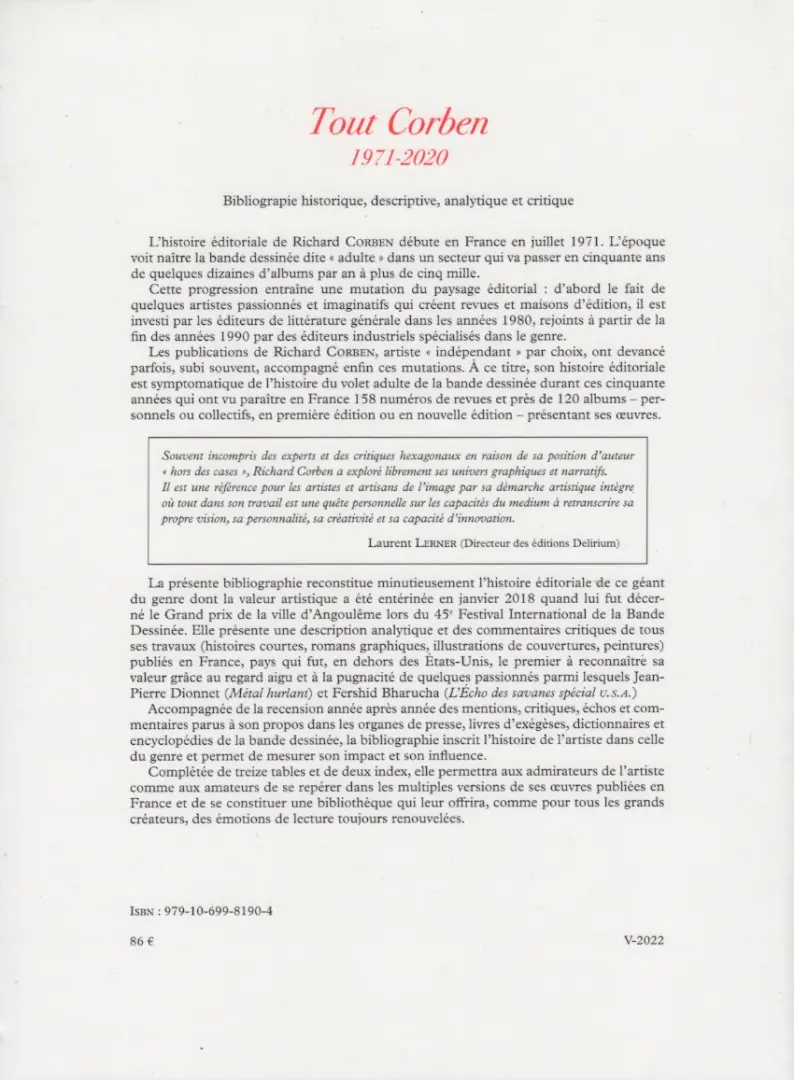 Verso de l'album Tout Corben 1971-2020