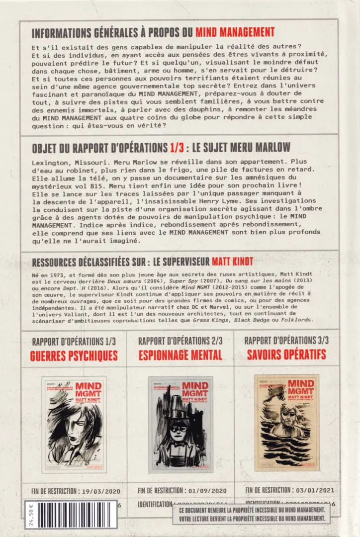 Verso de l'album Mind MGMT Rapport d'opérations 1/3 Guerres psychiques et leurs influences invisibles