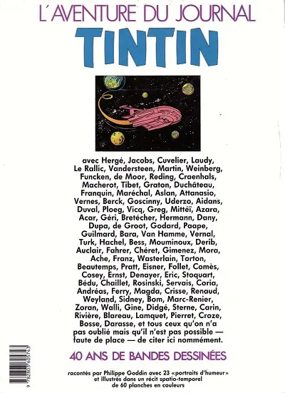 Verso de l'album L'Aventure du journal Tintin 40 ans de bande dessinée