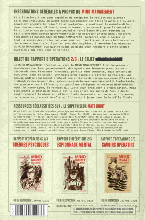 Verso de l'album Mind MGMT Rapport d'opérations 2/3 Espionnage mental et son incidence collective