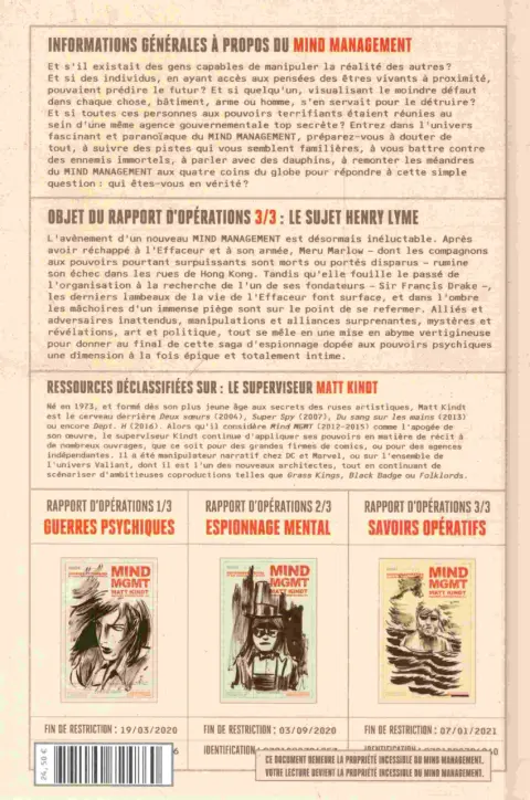 Verso de l'album Mind MGMT Rapport d'opérations 3/3 Savoirs opératifs et leurs impacts sur l'individu