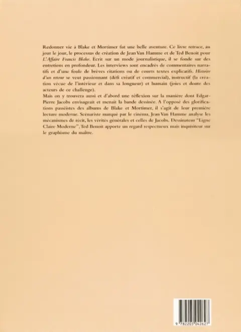 Verso de l'album Blake et Mortimer Tome 13 Blake et Mortimer [histoire d'un retour] - Entretiens avec Jean Van Hamme et Ted Benoit