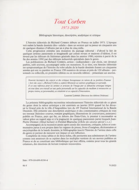Verso de l'album Tout Corben 1971-2020